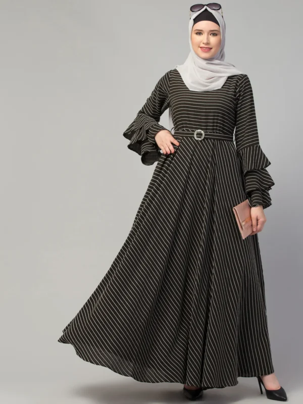 Striped Umbrella Abaya with Adjustable Belt   Image 7