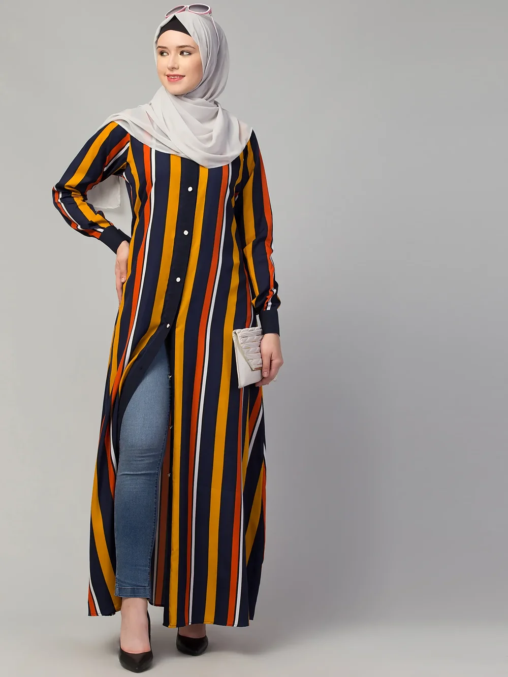 Front Open Button Abaya  side drape