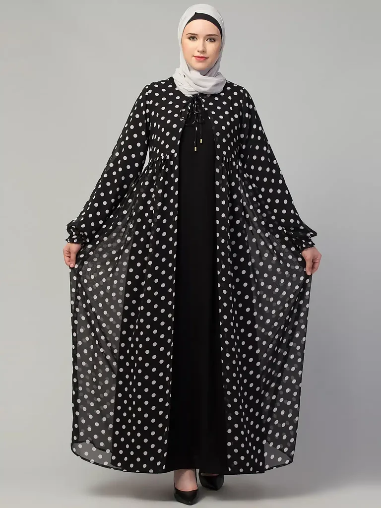 Dual Layer Shrug Abaya full length front view Dual Layer Shrug Abaya full length front view