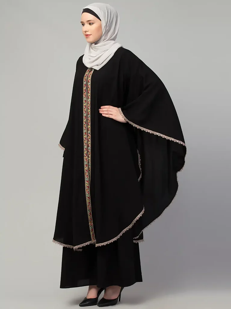 Abaya with Cape finished stitching and hem detail Abaya with Cape finished stitching and hem detail