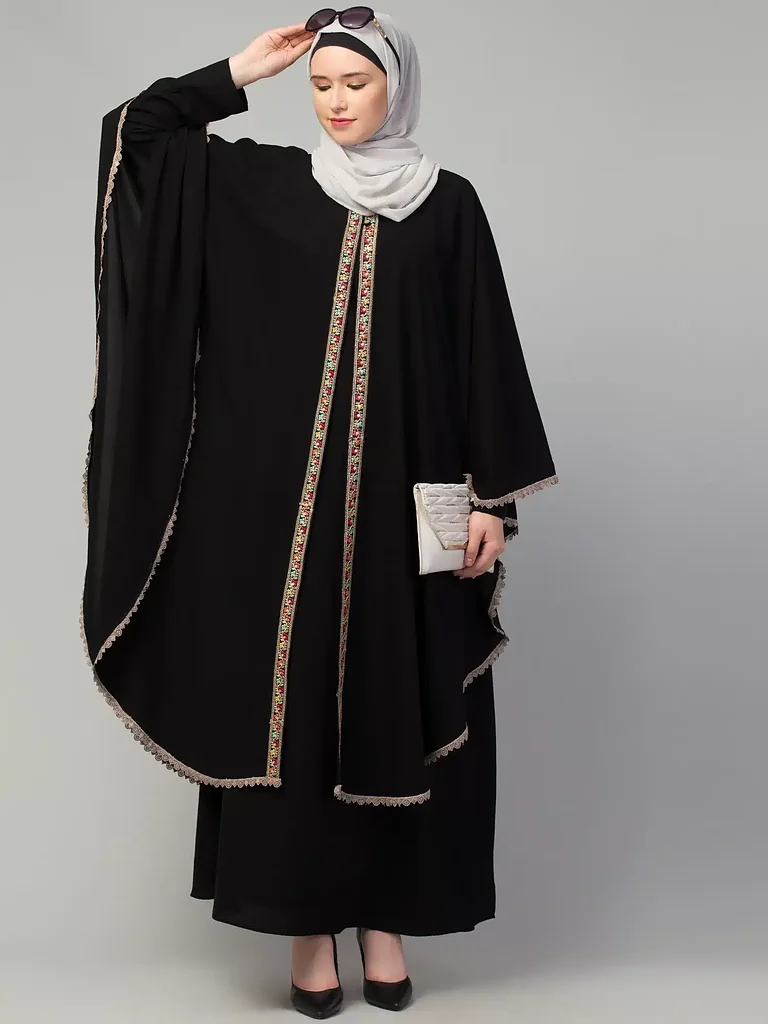 Abaya with Cape full length front view Abaya with Cape full length front view