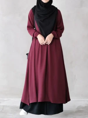 Muslim Closet Two Pieces Abaya Dress with Elasticated Sleeves Maroon